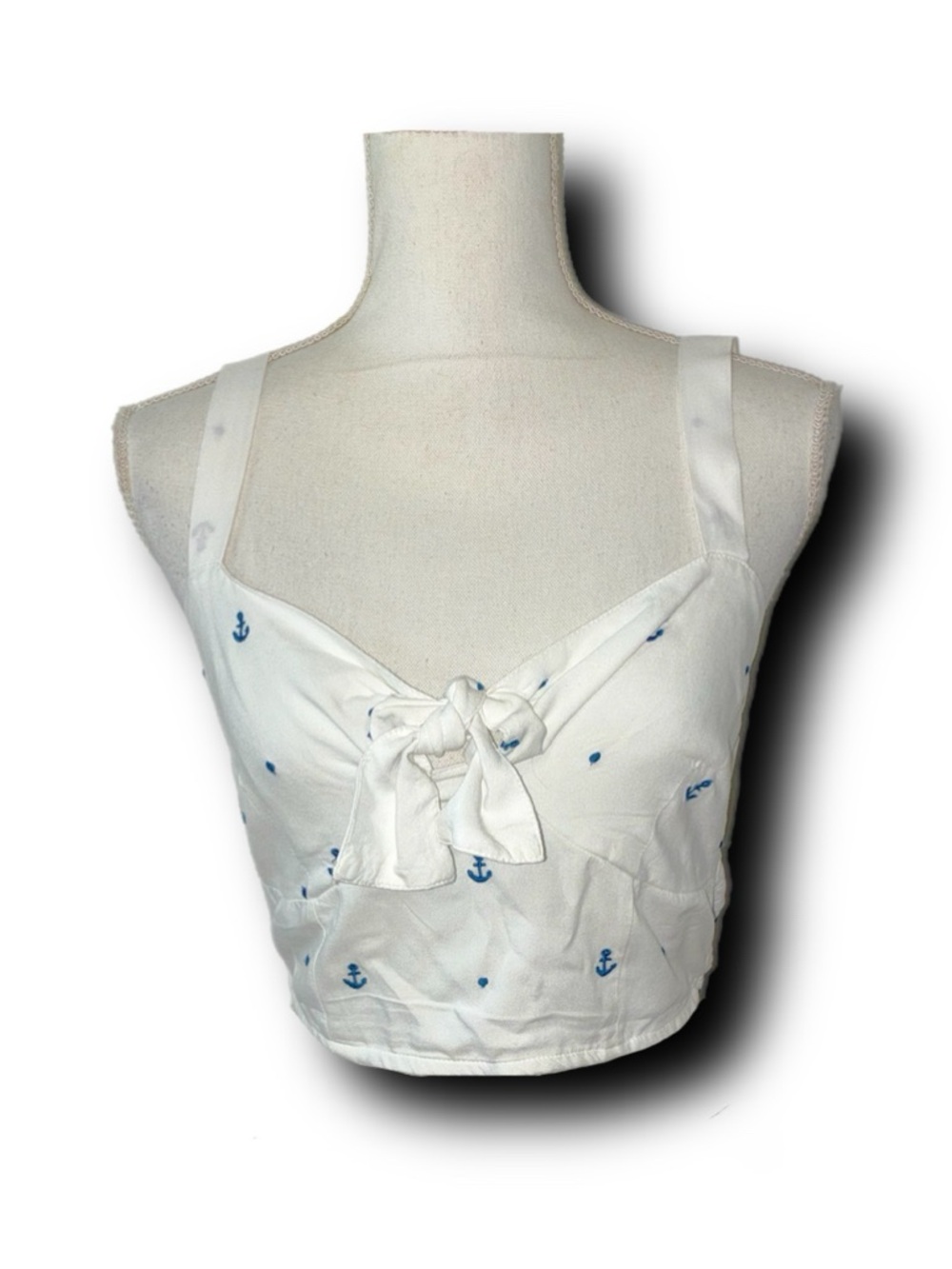 White Nautical Tie-Front Crop Top with Blue Anchor Print by Jopna Beach Summer